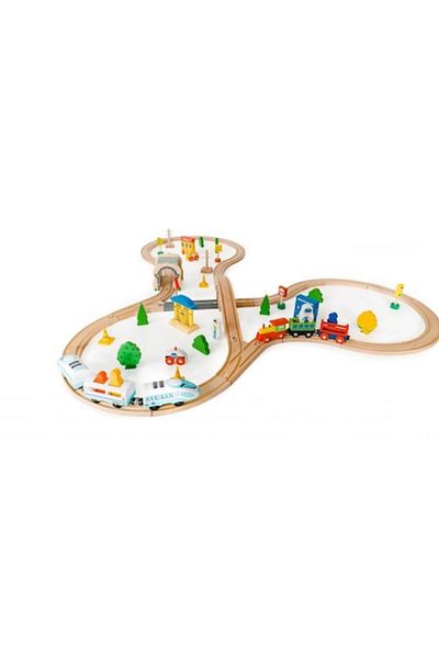 SMARTIC Circuit Trenulet din Lemn, 69 accesorii lemn, Figurine si Semne Rutiere