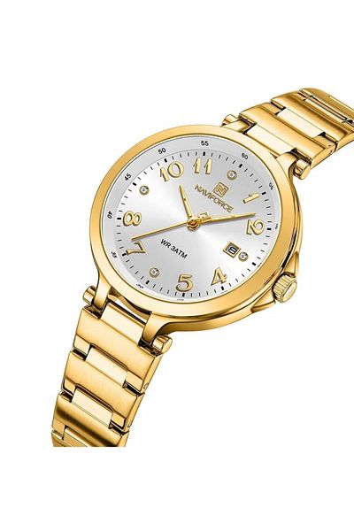 Naviforce Elegant Womens Quartz Watch with White Dial Gold Stainless Steel Strap Analog Display Water Resistan