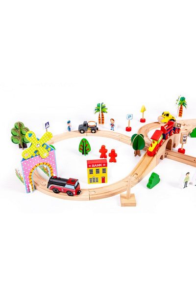 SMARTIC Set interactiv din lemn pentru copii, Circuit Trenulet, Masinute, Sine Lemn, 74 elemente