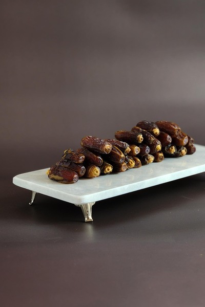 ioadesign Damla 2-Piece Thin and Real Marble Serving Plate - Biscuit, Cake, Chocolate, Date Plate - Silver Footed