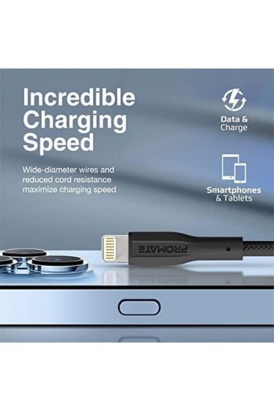 Promate كابل USB-A إلى Lightning، شحن USB-A متين بقوة 10 وات مع نقل بيانات بسرعة 480 ميجابت في الثانية، و100 سم أمبير