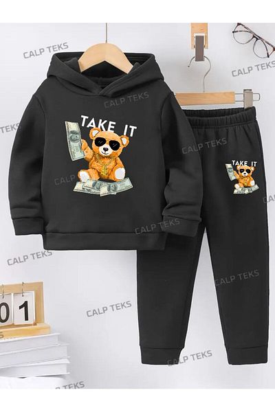 CALP TEKS Take It Teddy Bear Printed Thick Cotton Children's Tracksuit Set