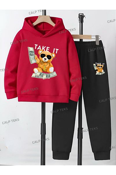 CALP TEKS Take It Teddy Bear Printed Thick Cotton Children's Tracksuit Set