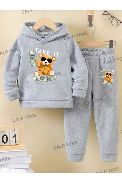 CALP TEKS Take It Teddy Bear Printed Thick Cotton Children's Tracksuit Set