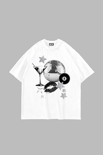 Sekizbiraltı Μαρτίνι Ντίσκο Εκτυπωμένο Oversize Unisex Λευκό Tshirt