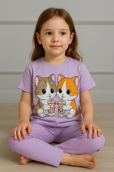 MİNYON BABY Girls' Bottom-Top Leggings Cat Printed Set