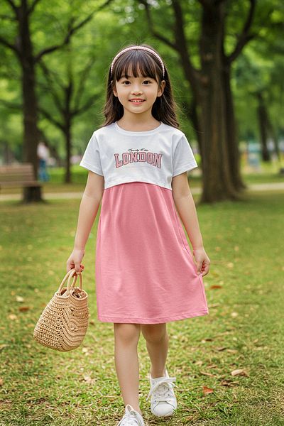 TRENDYOLKIDS Pink Girl's 100% Cotton Slogan Printed Short Sleeve Knitted Dress Tkdss25El00095