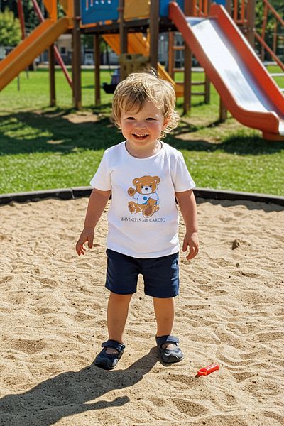 TRENDYOLKIDS Ecru Baby Boy 100% Cotton Teddy Bear Printed Short Sleeve Knitted Bottom-Top Set Tkdss25Au00156