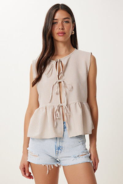 Happiness İstanbul Γυναικεία μπλούζα μπεζ με ρίγες με κορδόνια με λεπτομέρεια DD01358