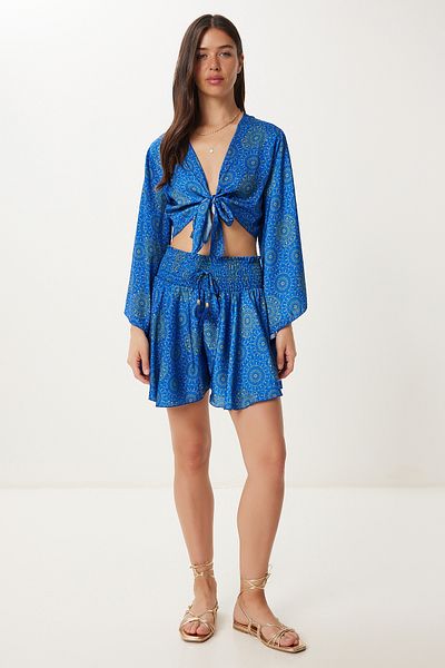 Happiness İstanbul Women's Dark Blue Patterned Satin Surface Blouse Shorts Set Rw00006