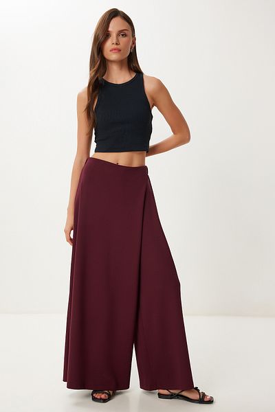 Happiness İstanbul Women's Burgundy Skirt Look Flexible Knitted Baggy Trousers Cr00520