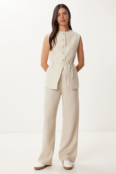 Happiness İstanbul Women's Cream Binding Detailed Linen Vest Pants Suit No00026