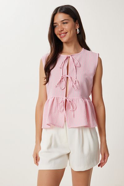 Happiness İstanbul Rosa Knochen gestreifte Volant-Schnürung detaillierte gewebte Bluse für Frauen DD01358