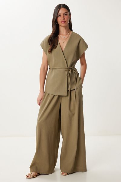 Happiness İstanbul Women's Khaki Linen Vest Pants Suit No00020