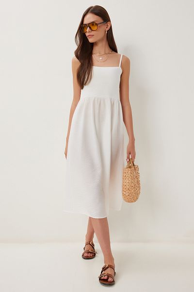 Happiness İstanbul Women's Ecru Strap Summer Midi Ayrobin Dress Dd01357