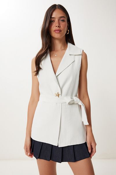 Happiness İstanbul Women's Off-White Stylish Buttoned Gabardine Vest Pb00048