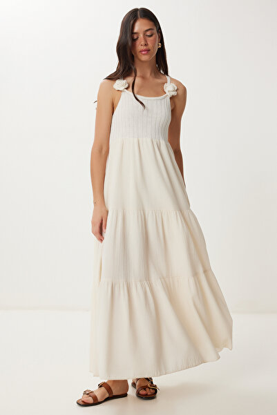 Happiness İstanbul Kadın Krem Triko Üstlü Keten Etekli Yazlık Elbise BV00173