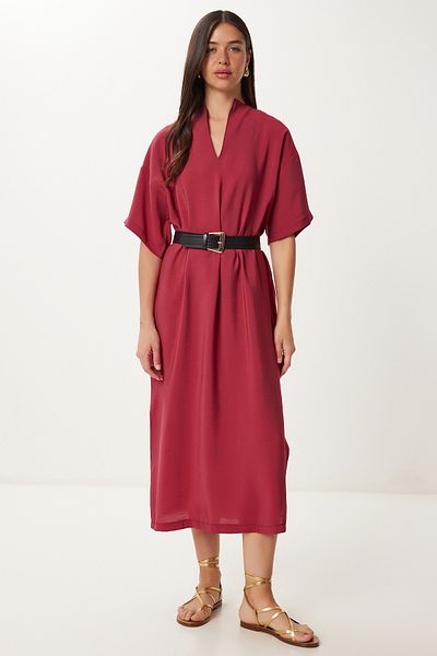 Happiness İstanbul Women's Burgundy Belted Slit Summer Modal Dress No00028