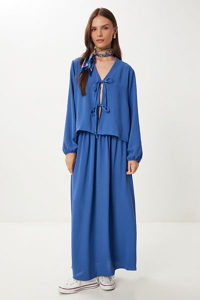 Happiness İstanbul Women's Indigo Blue Tie Detail Ayrobin Blouse Skirt Suit Dd01356