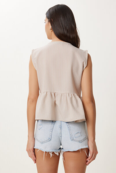 Happiness İstanbul Γυναικεία μπλούζα μπεζ με ρίγες με κορδόνια με λεπτομέρεια DD01358