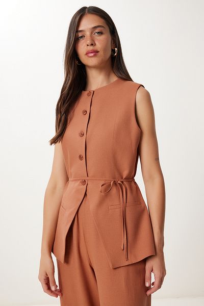 Happiness İstanbul Women's Tile Binding Detailed Linen Vest Pants Suit No00026
