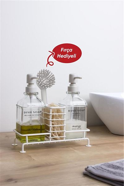 Okyanus Home White Pump Double Square Glass Liquid Soap Dispenser with Brush and Stand 500ml