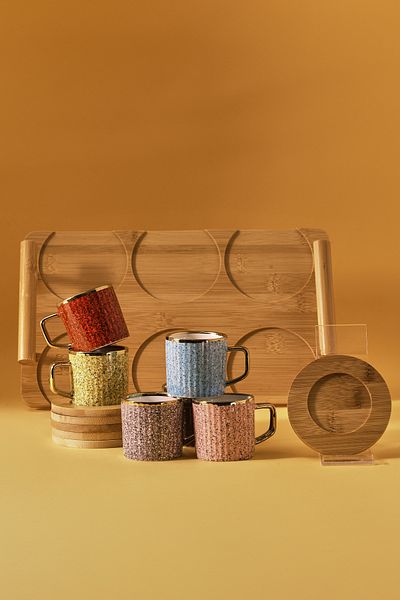 Karaca Buntes Kaffeetassen-Set für 6 Personen mit Bambus-Tablett, Geschenk, 90 ml