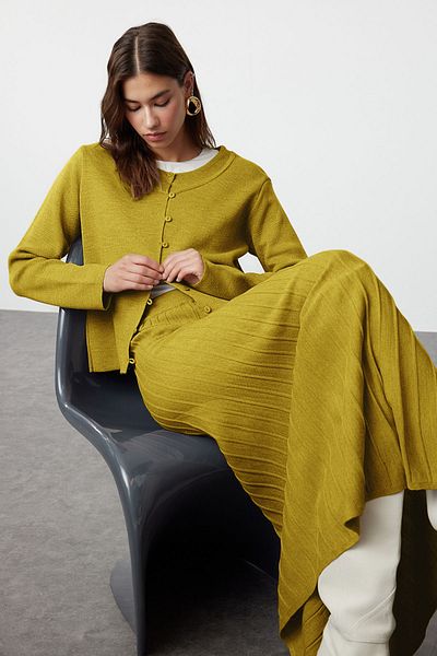 Trendyol Modest Oil Green Buttoned Cardigan-Skirt Knitwear Top and Bottom Set Tctaw24Us00043
