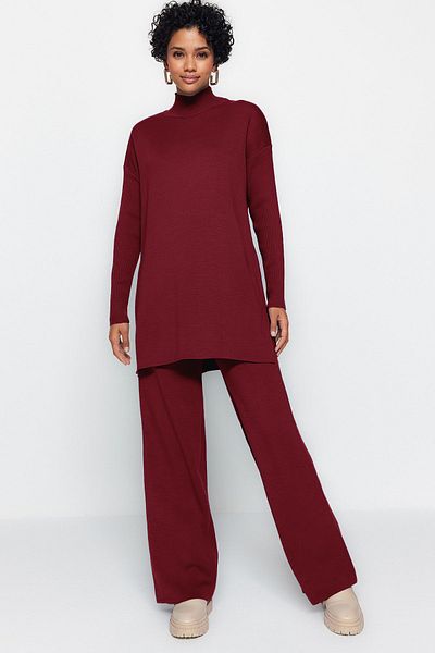 Trendyol Modest Burgundy Slit Wide Leg Knitwear Bottom-Top Set Tctaw24Us00028
