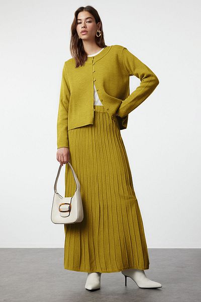 Trendyol Modest Oil Green Buttoned Cardigan-Skirt Knitwear Top and Bottom Set Tctaw24Us00043