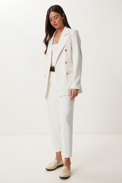 Happiness İstanbul Women's Ecru Padded Striped Woven Blazer Jacket Xl00002