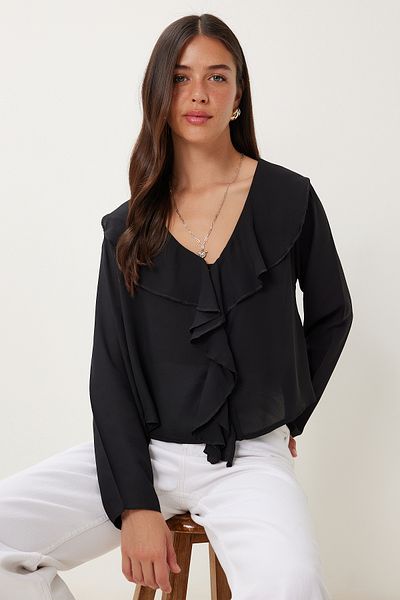 Happiness İstanbul Women's Black Flounced Lightweight See-Through Chiffon Blouse Dm00142