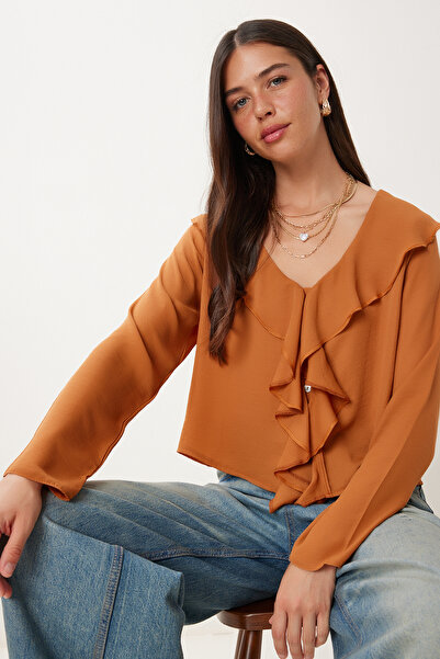 Happiness İstanbul Γυναικεία Μπλούζα Σιφόν Ελαφριά Διαφανής Κανέλα DM00142