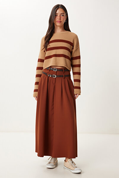 Happiness İstanbul Women's Brown Double Belted Flared Woven Skirt Rg00082