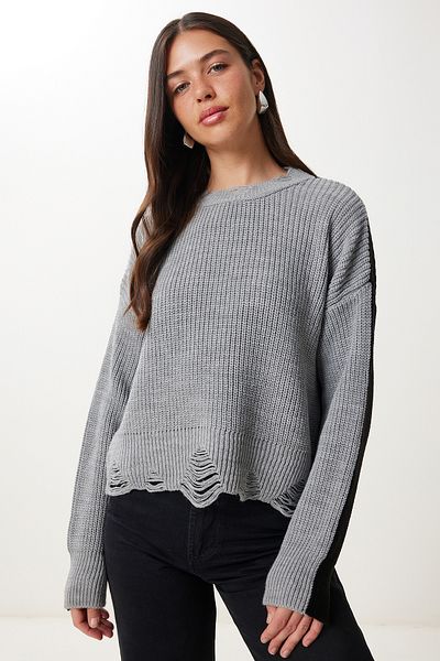 Happiness İstanbul Women's Gray Black Contrast Color Ripped Detailed Knitwear Sweater Ki̇00135