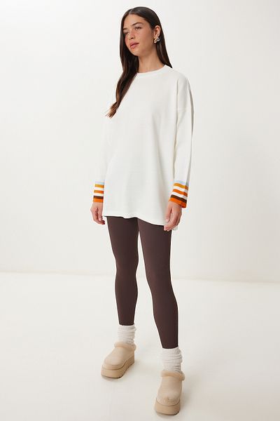 Happiness İstanbul Women's Bone Orange Sleeve Striped Long Knitwear Sweater Ki̇00140