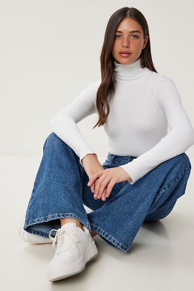 Happiness İstanbul Women's White Turtleneck Stretchy Ribbed Sweater Ns00460