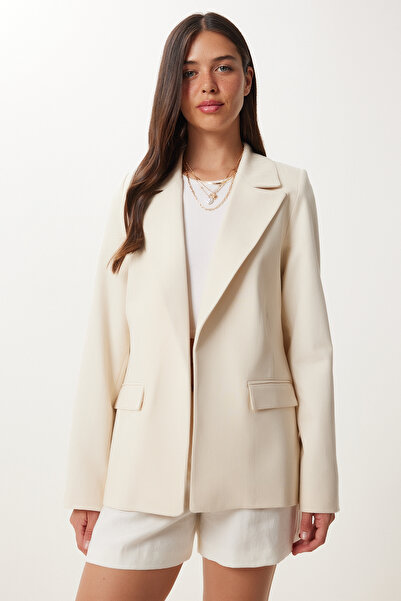 Happiness İstanbul Women's Cream Padded Linen Blazer Jacket Xl00004