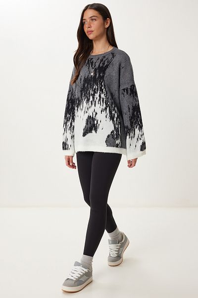 Happiness İstanbul Women's Anthracite Gray Patterned Oversize Knitwear Sweater Ki̇00124