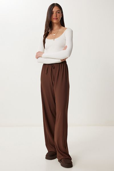 Happiness İstanbul Women's Brown Wide Leg Comfortable Knitted Trousers Pb00054