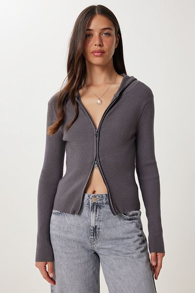 Happiness İstanbul Women's Anthracite Hooded Zippered Ribbed Knitwear Cardigan Ub00408