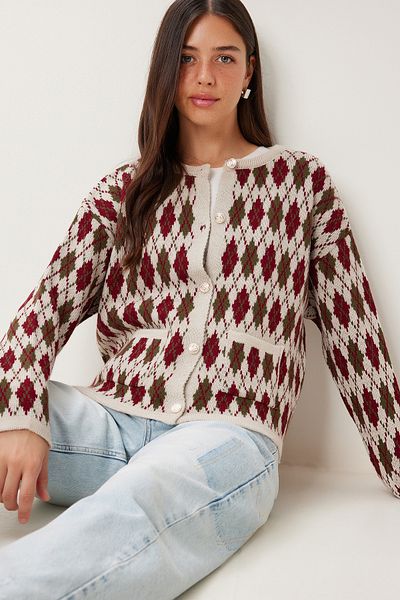 Happiness İstanbul Women's Stone Burgundy Diamond Patterned Knitwear Cardigan Ki̇00136