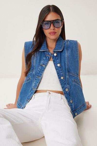 Happiness İstanbul Women's Dark Blue Pocket Denim Vest Fg00051