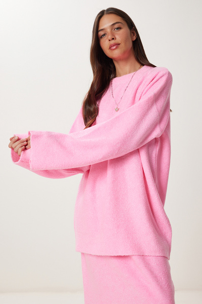 Happiness İstanbul Női rózsaszín puha textúrájú kötöttáru pulóver szoknya szett Kİ00129