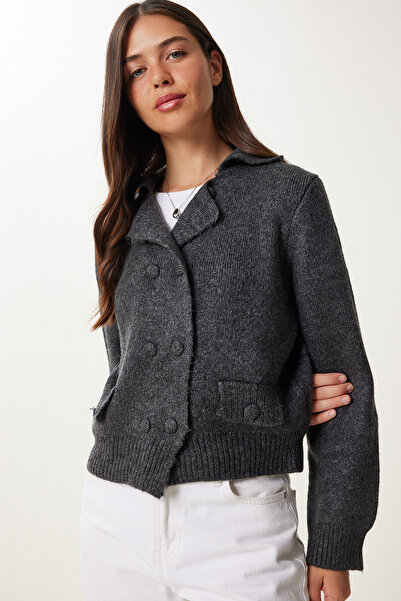 Happiness İstanbul Women's Anthracite Double Button Knitwear Cardigan Yy00242