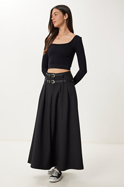 Happiness İstanbul Women's Black Double Belted Flared Woven Skirt Rg00082