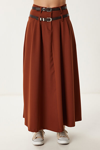 Happiness İstanbul Women's Brown Double Belted Flared Woven Skirt Rg00082