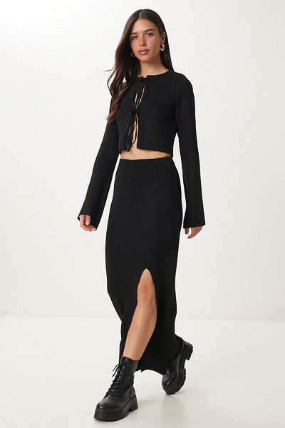 Happiness İstanbul Women's Black Tie Detailed Knitwear Blouse Skirt Set Ki̇00125