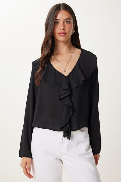 Happiness İstanbul Women's Black Flounced Lightweight See-Through Chiffon Blouse Dm00142