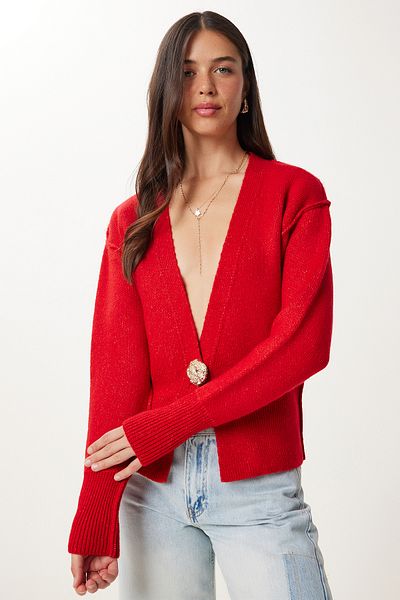 Happiness İstanbul Women's Red Stylish Buttoned Knitwear Cardigan Ki̇00131